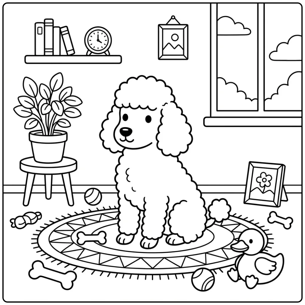 A cute cartoon Standard Poodle Coloring Page in a living room.