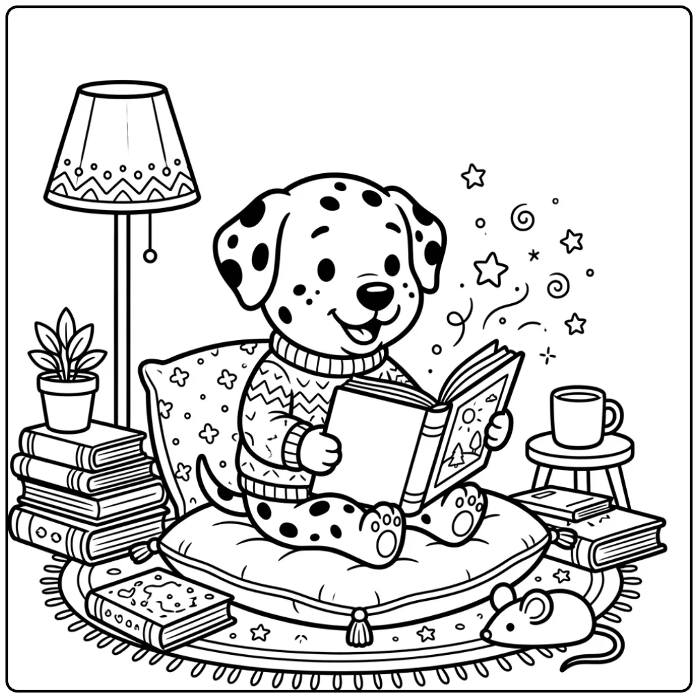 Cute Dalmatian coloring page with a puppy reading a book