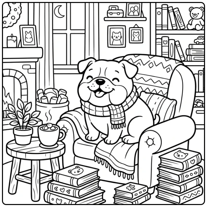 A friendly bulldog sits in an armchair on this Cute Bulldog Coloring Page.