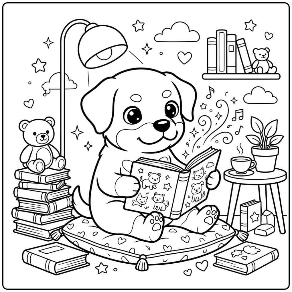 Cute Rottweiler coloring page pup reading a book.