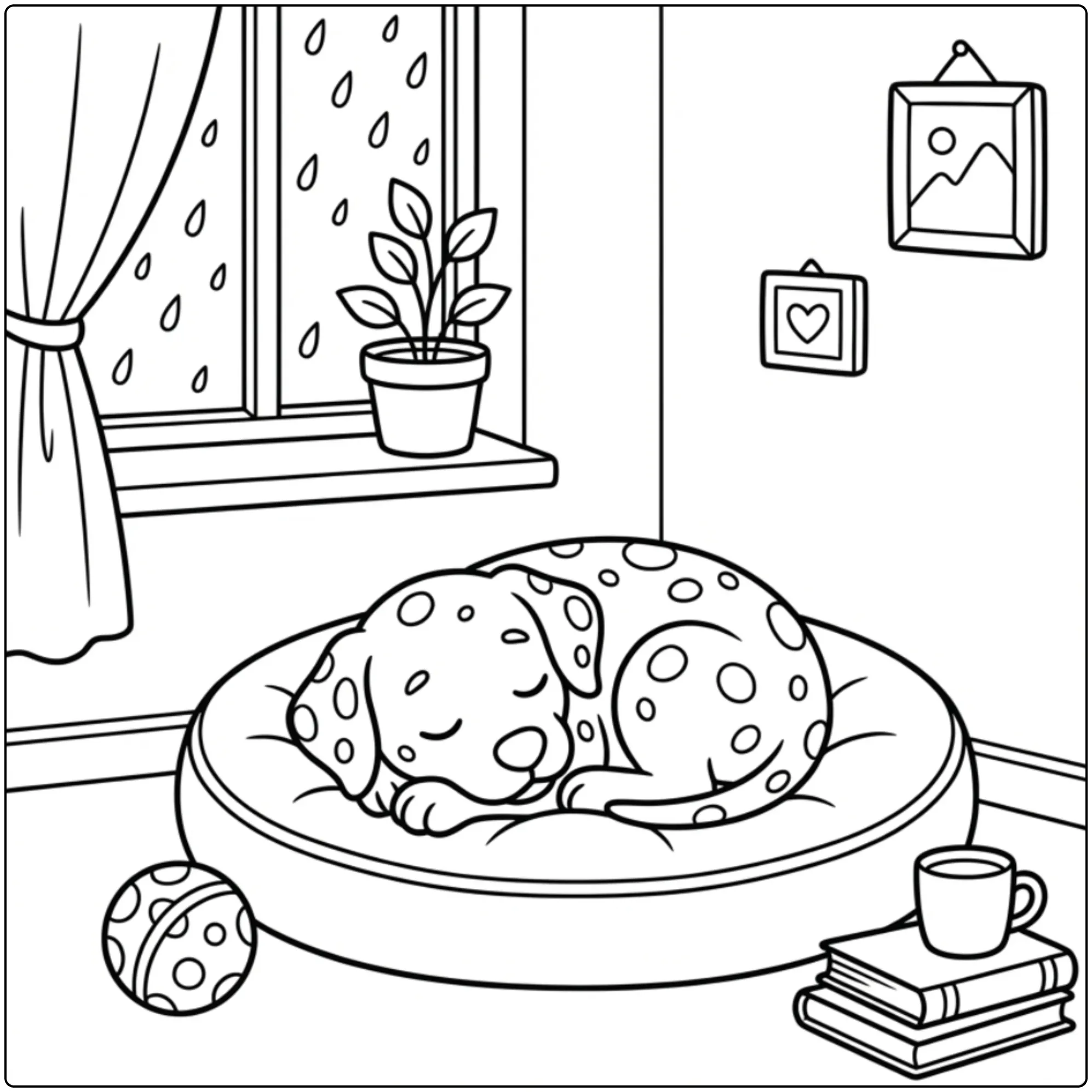 Realistic Dalmatian coloring page sleeping on a round bed.