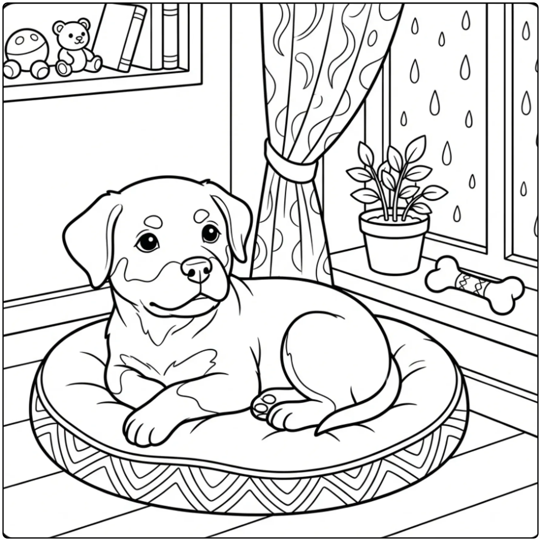 Realistic Rottweiler coloring page with dog on bed.