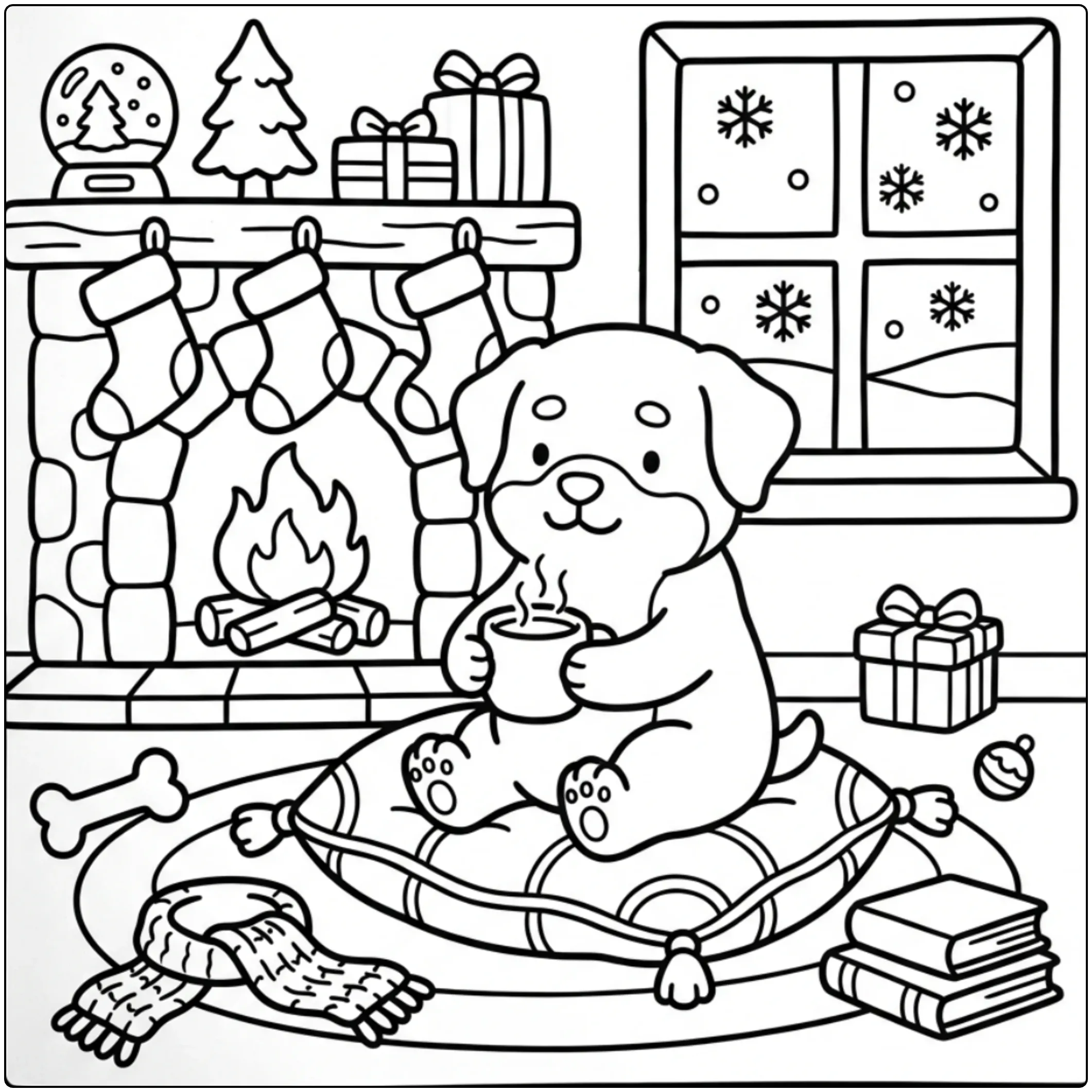 Cute Winter Rottweiler coloring page by a cozy fireplace