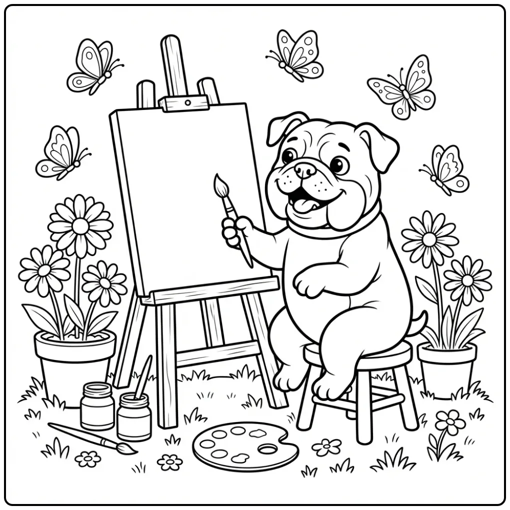 An artistic Bulldog Coloring Page with a brush and easel.