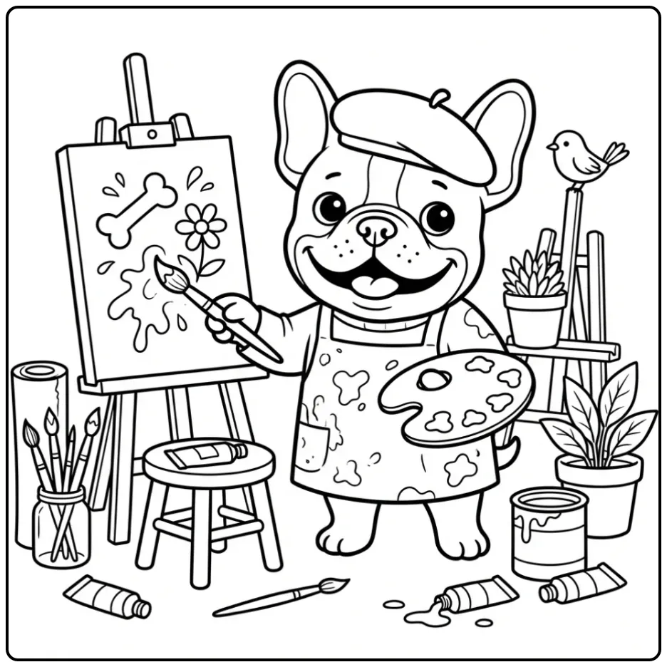 An artistic French Bulldog Coloring Page with a brush and easel.