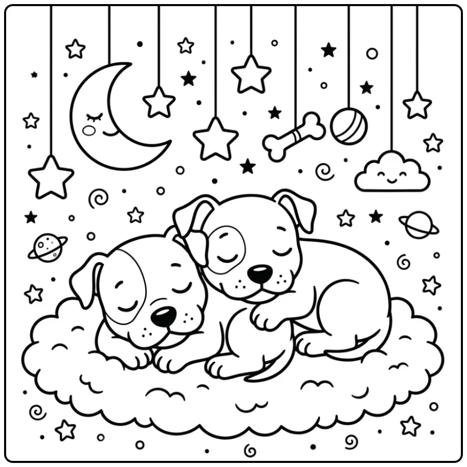 Two sleeping pups on a rug in a cute Baby Pitbull Coloring Page.