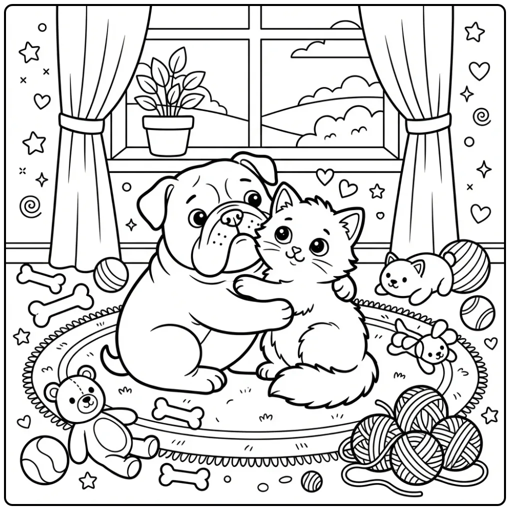 A cute Bulldog Coloring Page with a kitten snuggled on a rug.