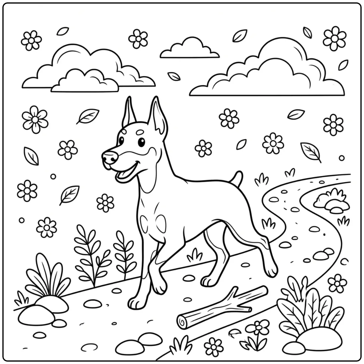 Realistic Doberman coloring page with a trotting dog on a trail