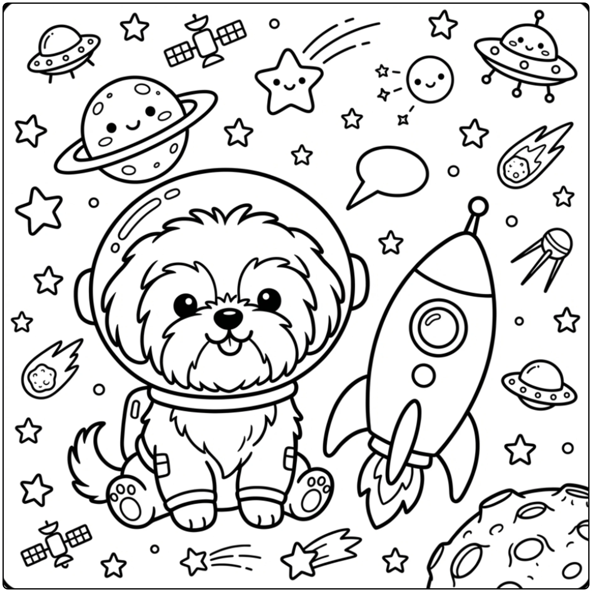 Space explorer Shih Tzu coloring page with helmet and rocket