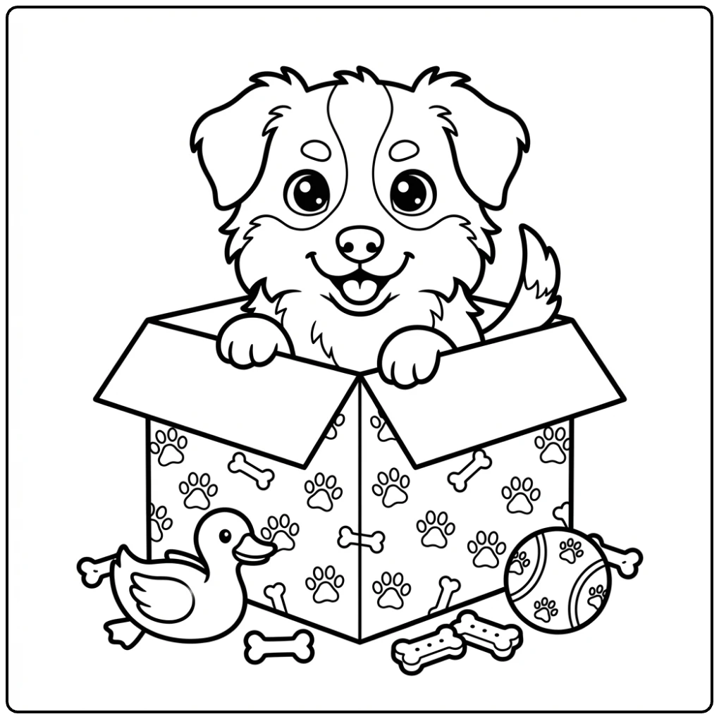 Playful Australian Shepherd coloring page with box and toys.