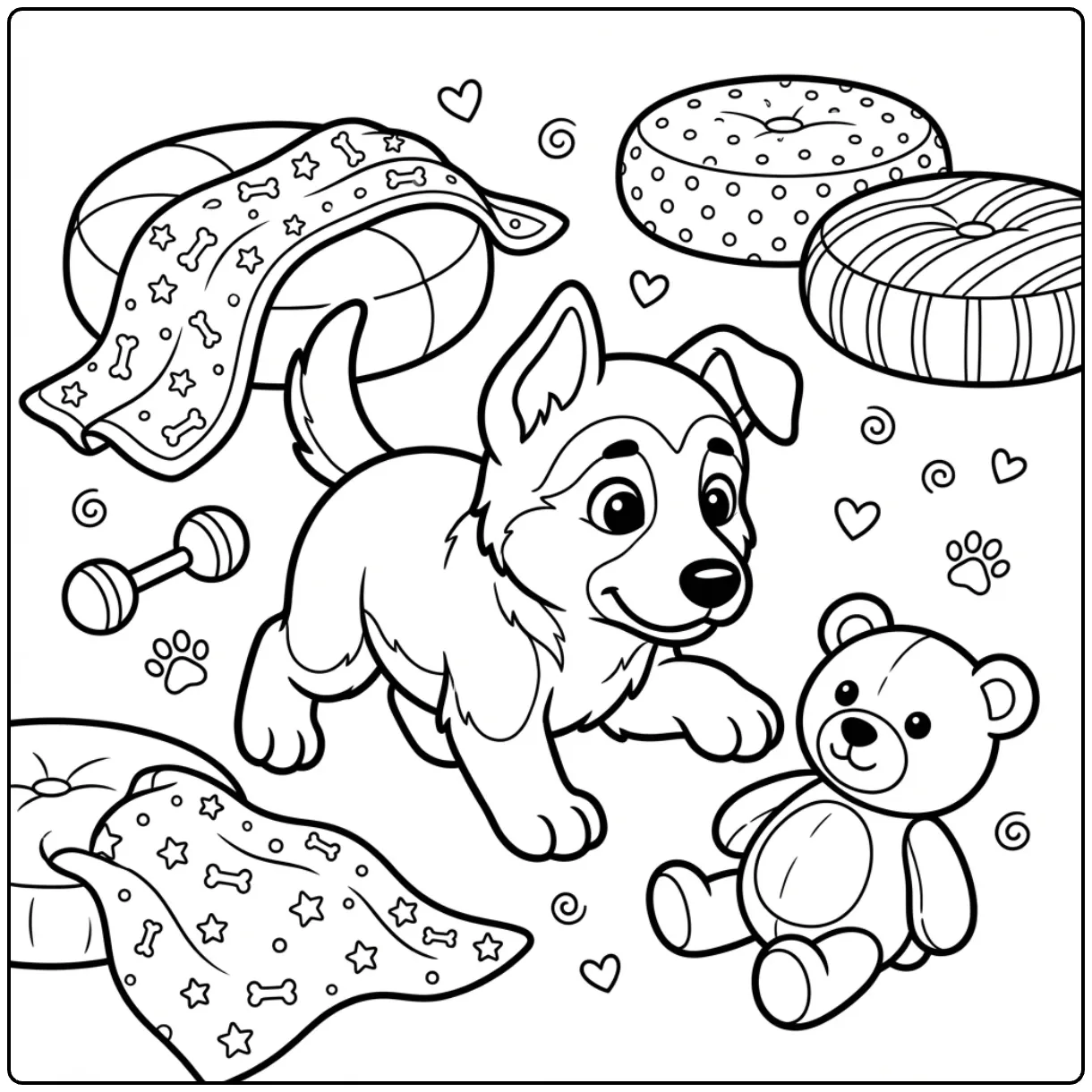 Printable baby German Shepherd coloring page with soft toys