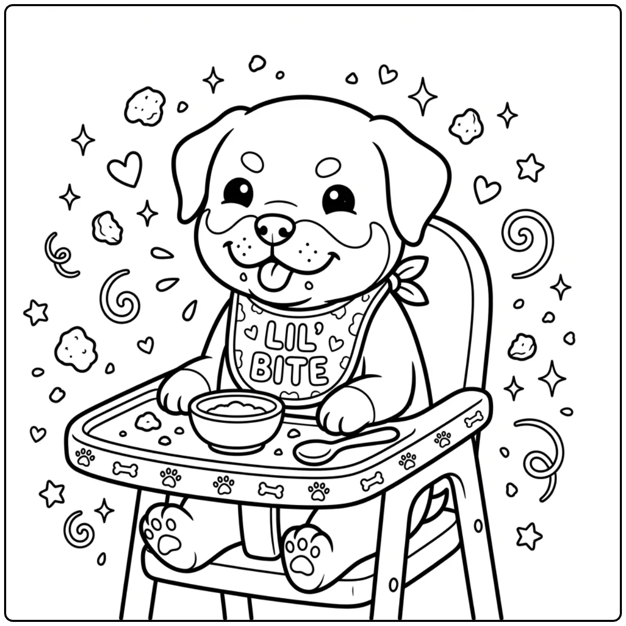 Baby Rottweiler coloring page of a puppy in a high chair.