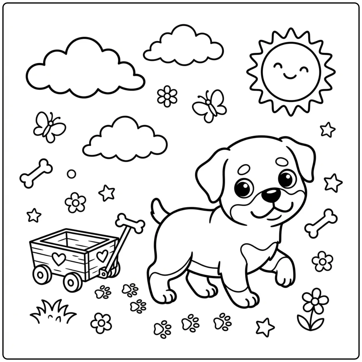 Printable Baby Rottweiler coloring page walking under sun