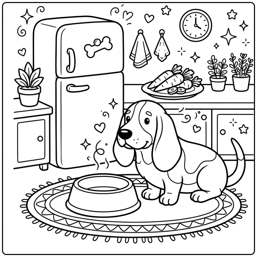 Polite Basset Hound coloring page waiting by an empty bowl.