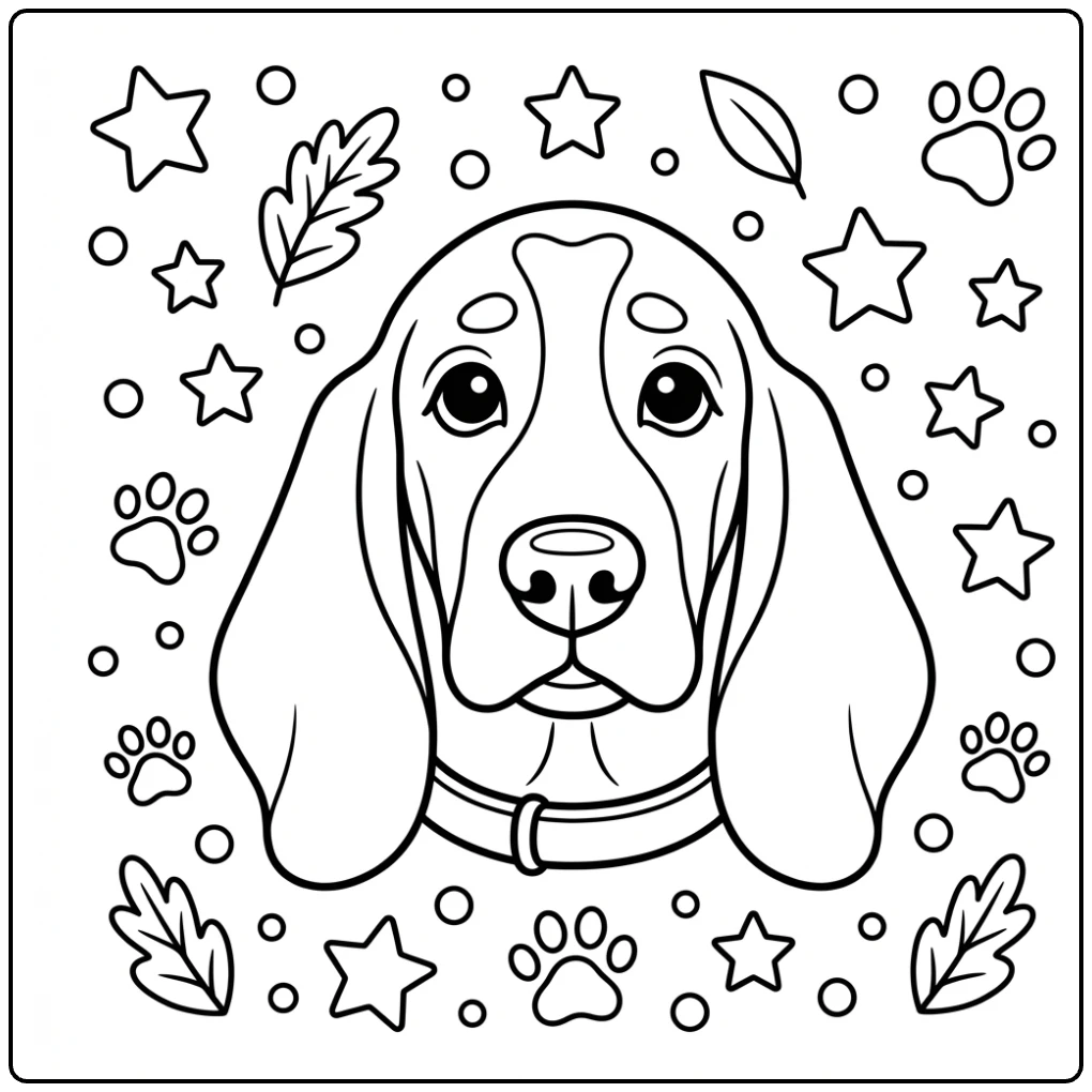 Close-up Basset Hound coloring page with long floppy ears.