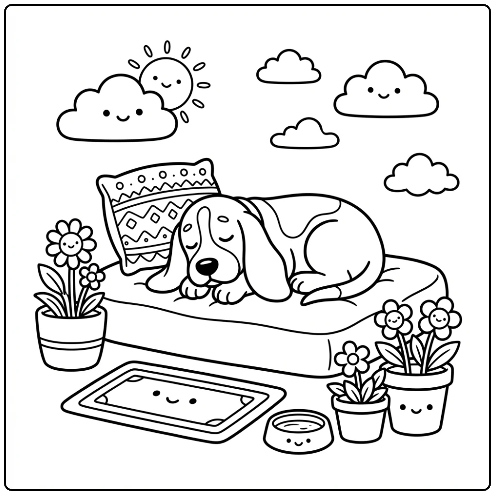 Printable Basset Hound porch nap coloring page.