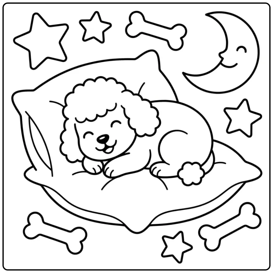A sleepy Poodle Coloring Page For Toddlers with a moon and stars.