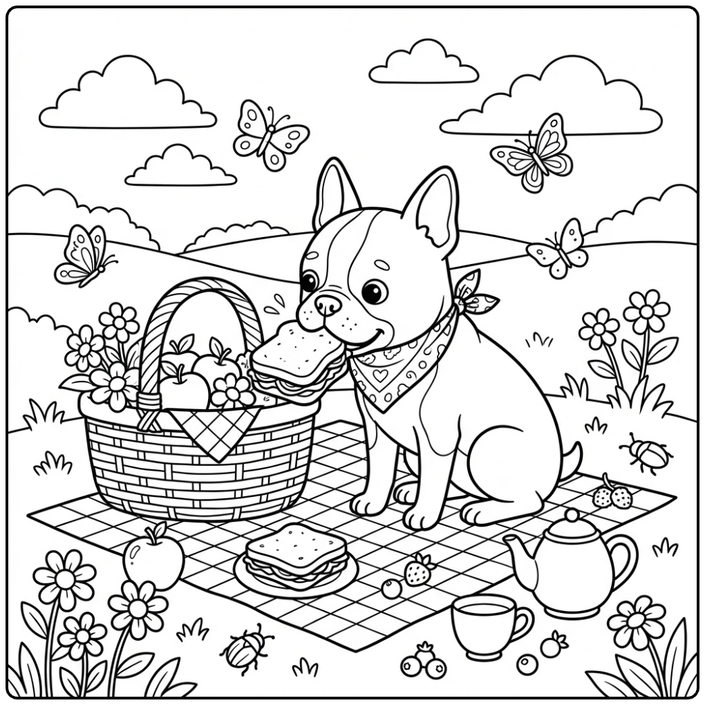 Boston Terrier coloring page dog at a picnic.