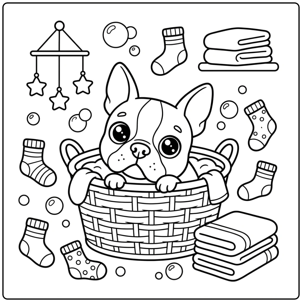 Cute Boston Terrier coloring page inside a laundry basket.