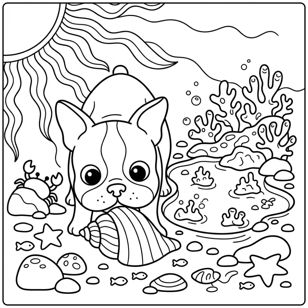 Boston terrier in beach coloring page sniffing a shell.
