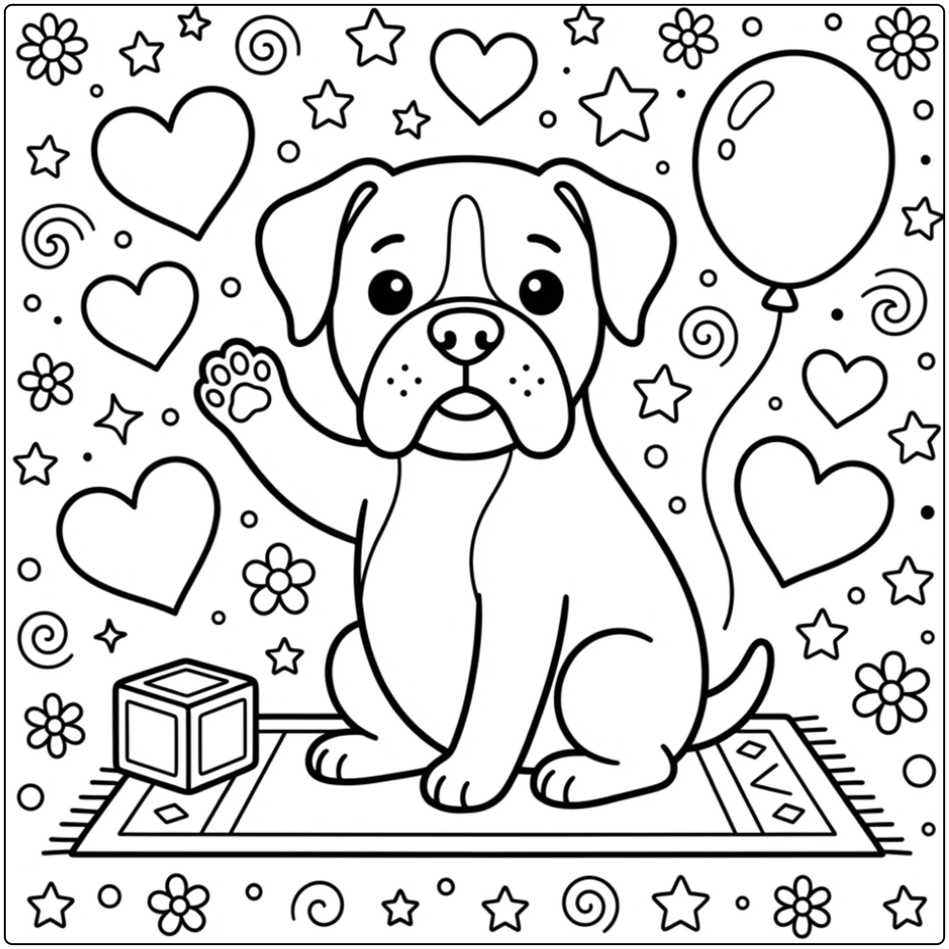 Waving boxer dog coloring page for preschool with hearts