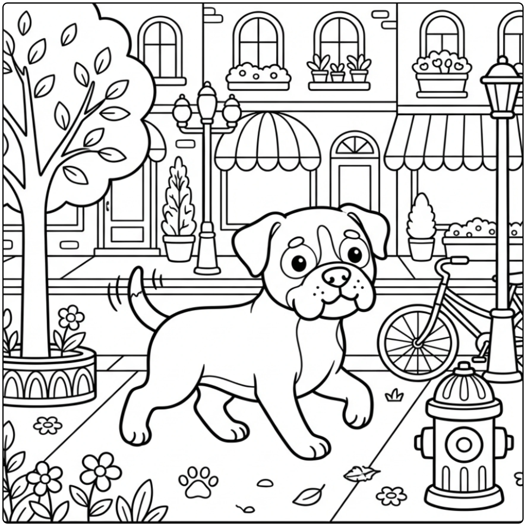 Boxer Dog coloring page trotting by a bicycle and tree.