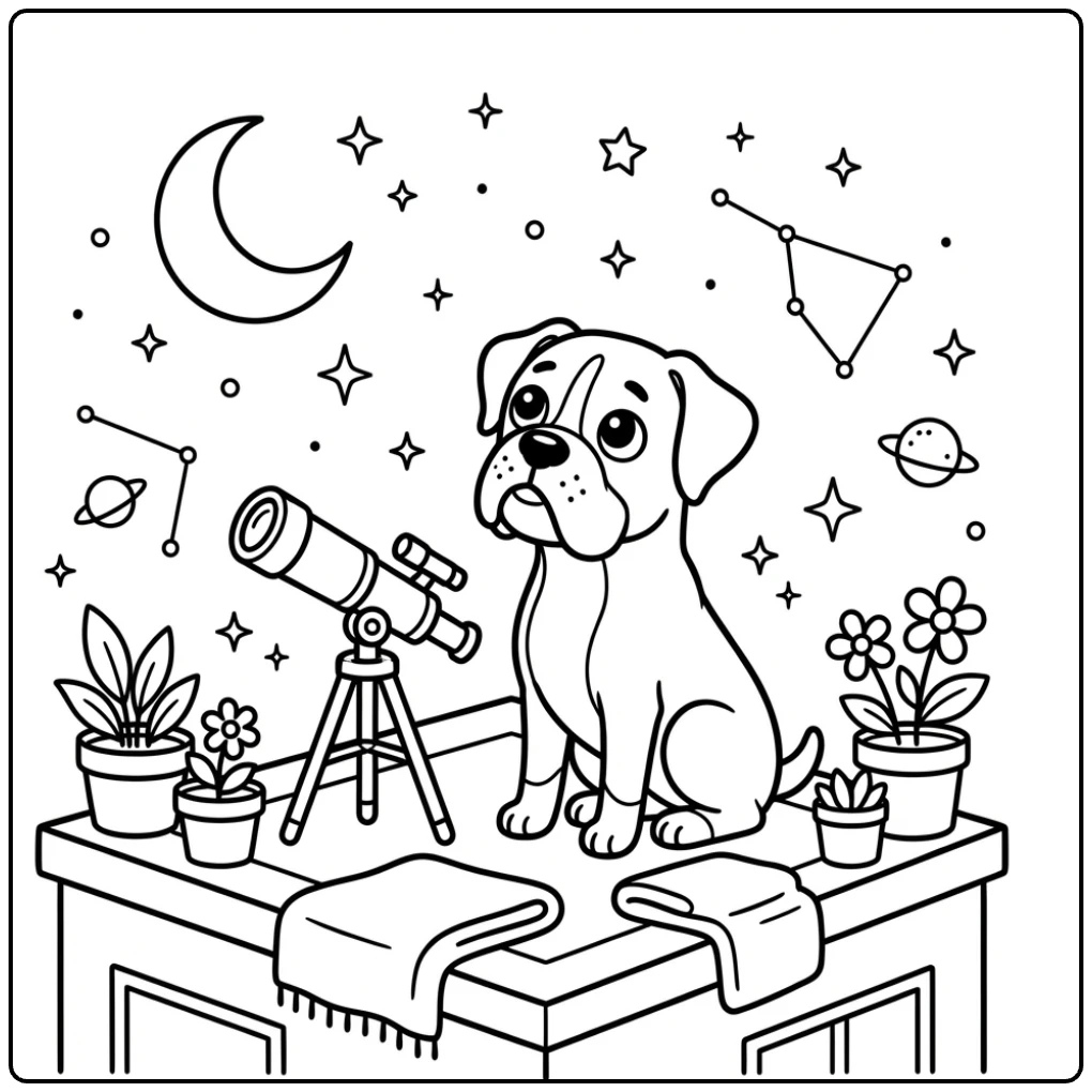 Stargazing Boxer Dog coloring page with a telescope.