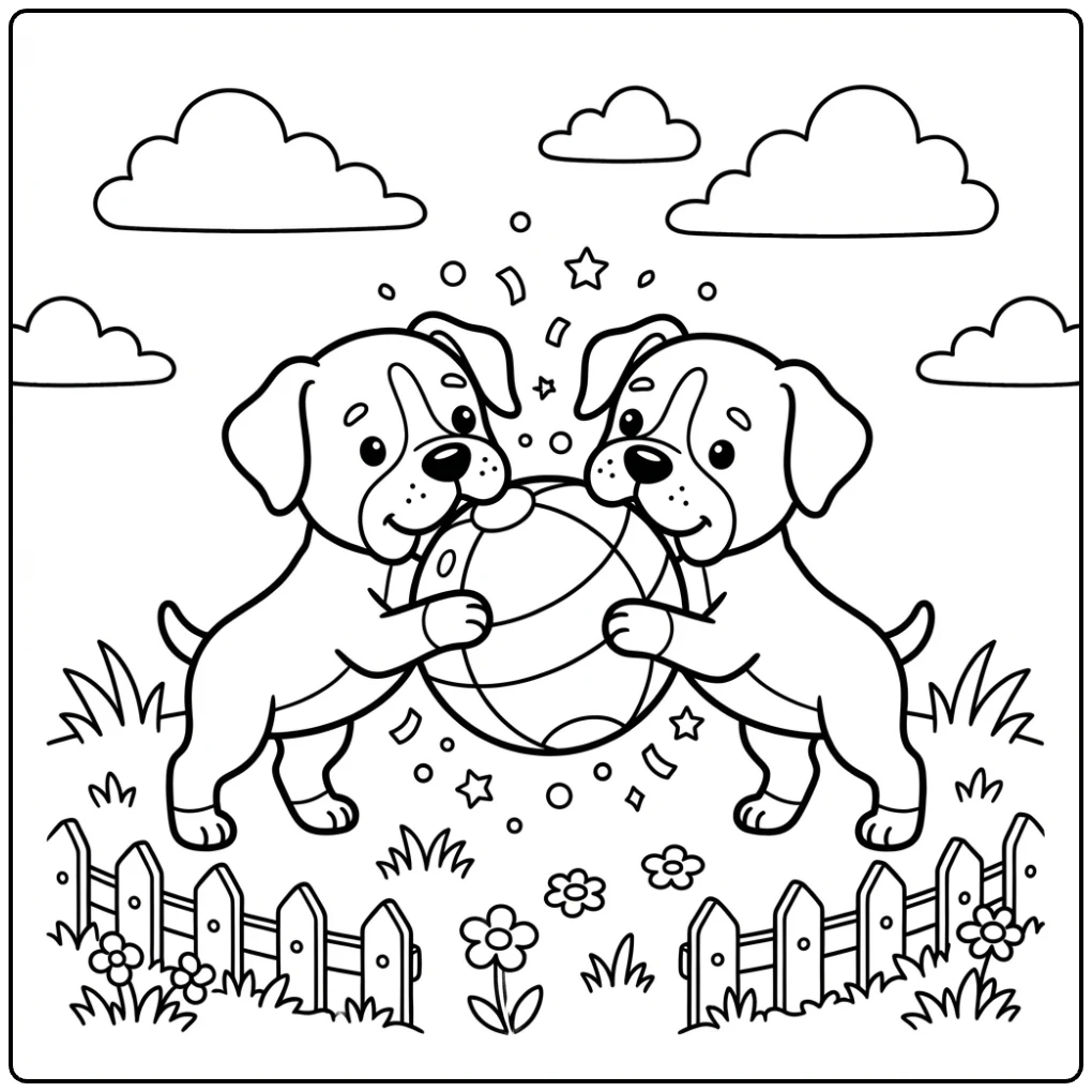 Printable boxer dog with ball coloring page for children.