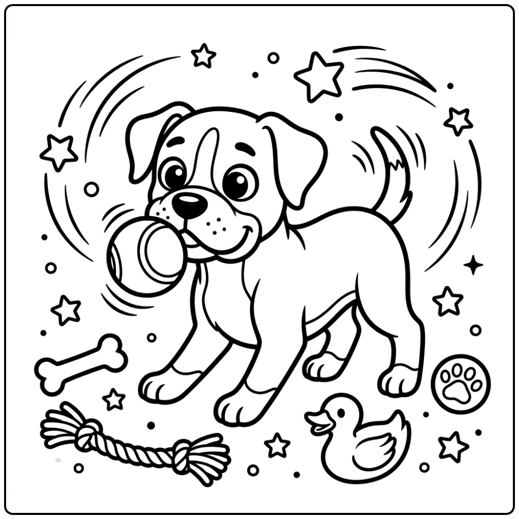 Playful boxer dog with ball coloring page line art.