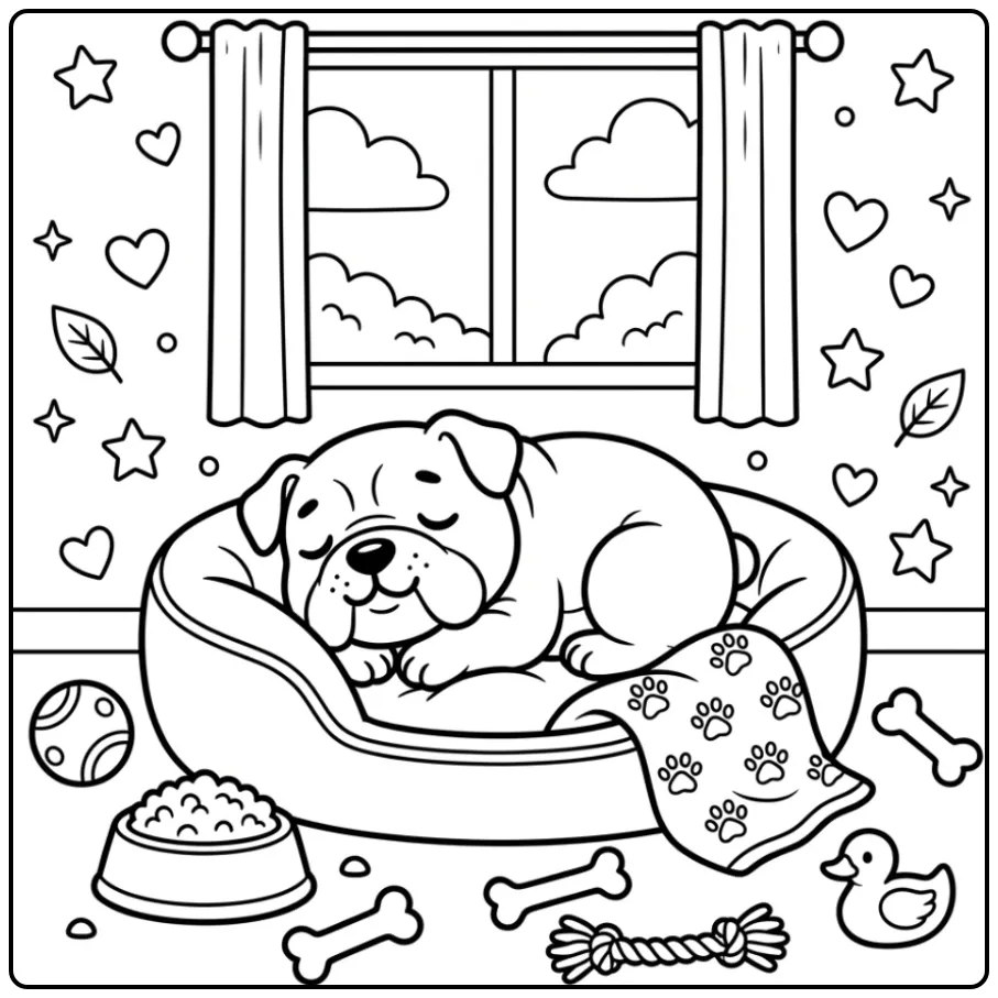 A sleepy Bulldog Puppy Coloring Page in a cozy bed with toys.