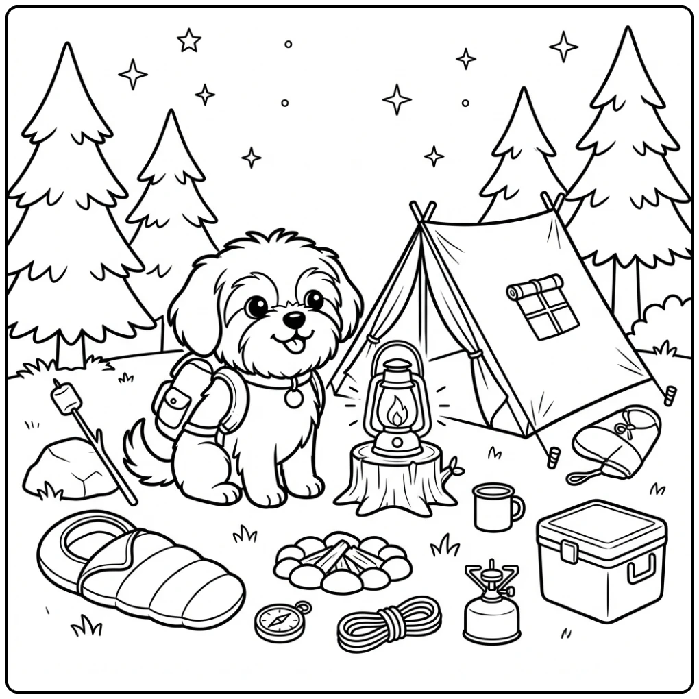 Camping dog with backpack Shih Tzu coloring page.