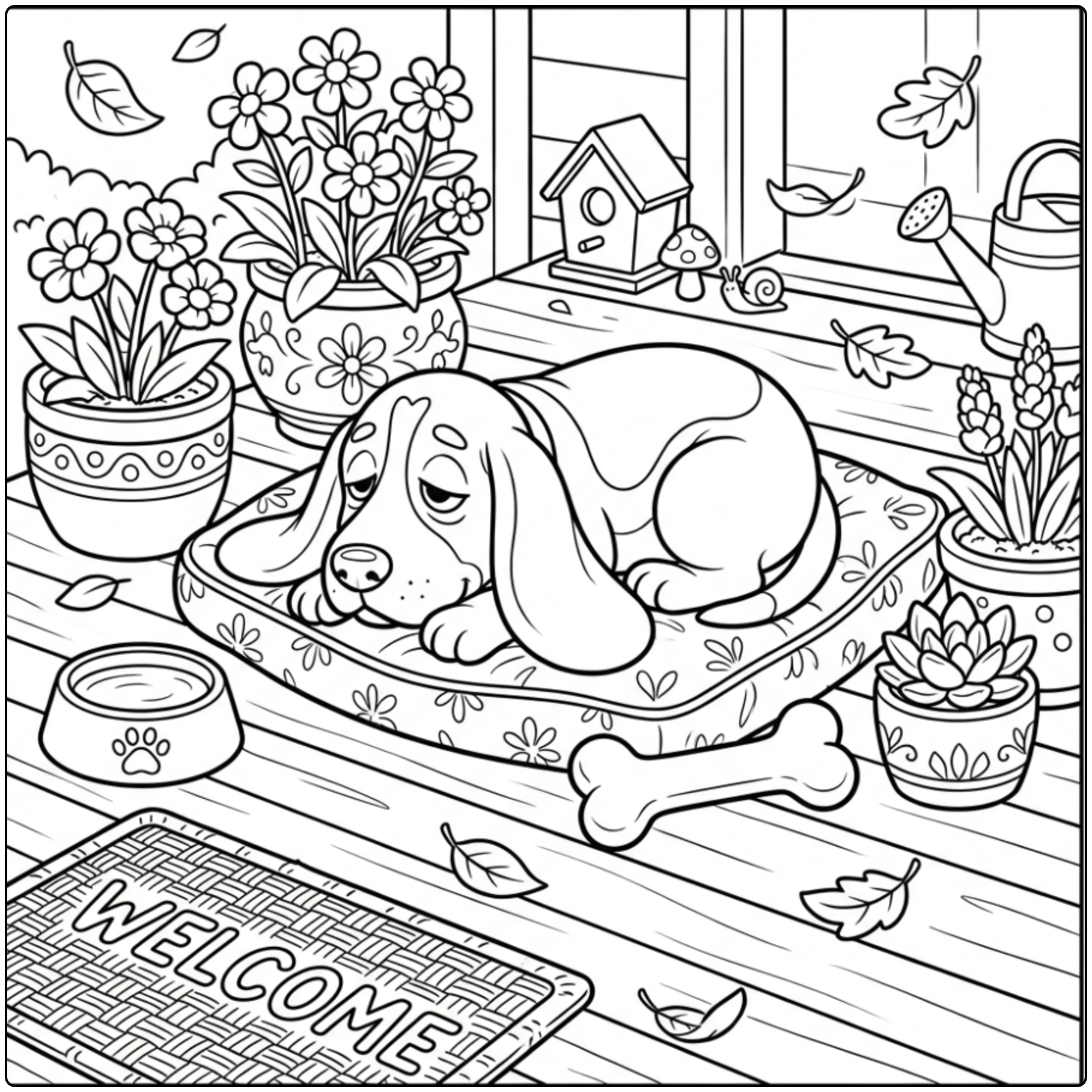 Sleepy puppy on a cushion Basset Hound coloring page art