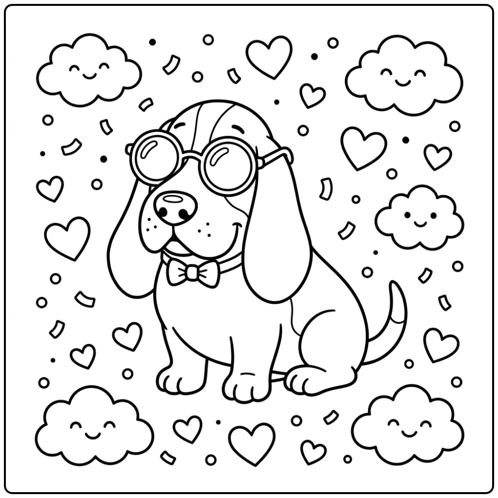 Funny Cartoon Basset Hound coloring page wearing a bow tie.