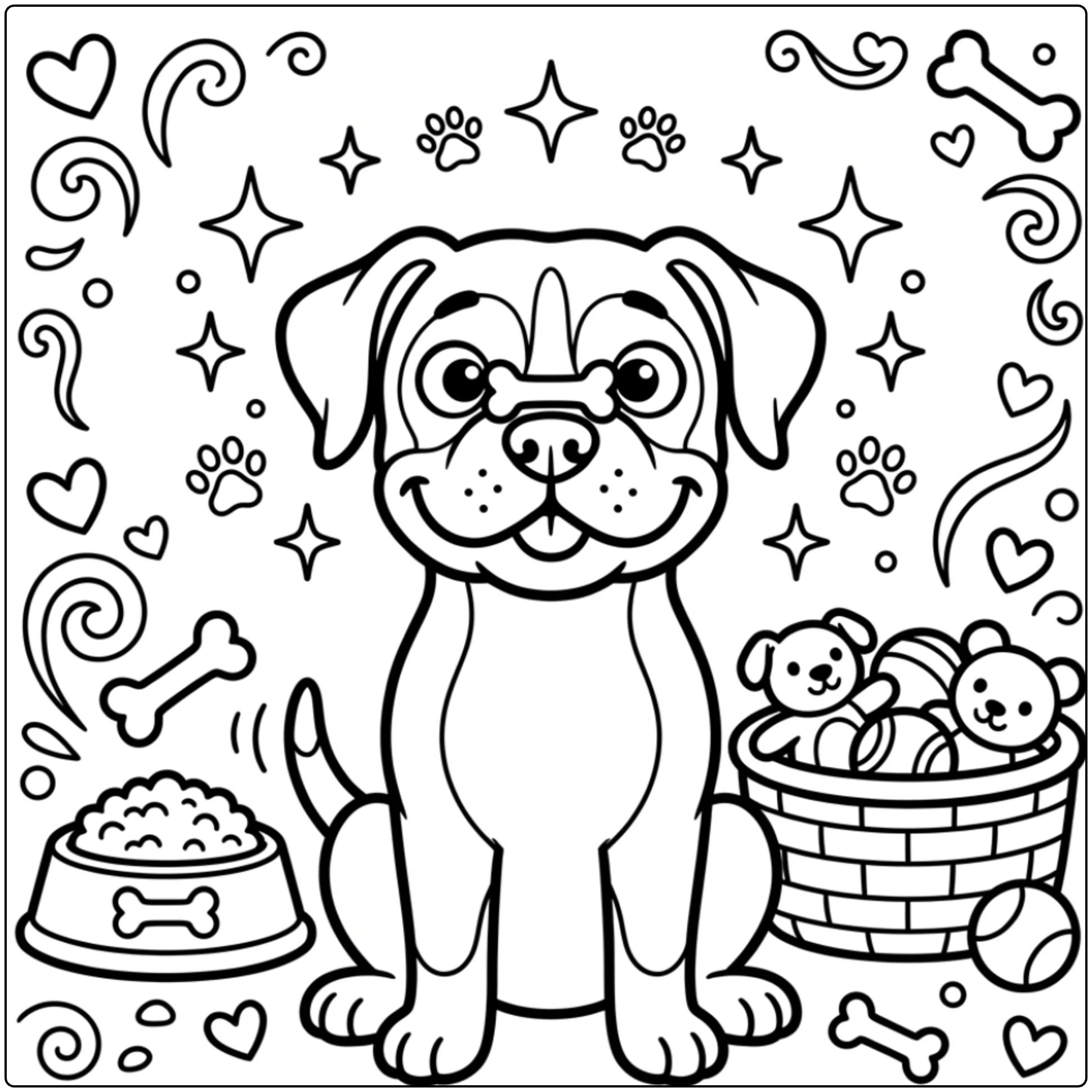Funny cartoon boxer dog coloring page with treat on nose