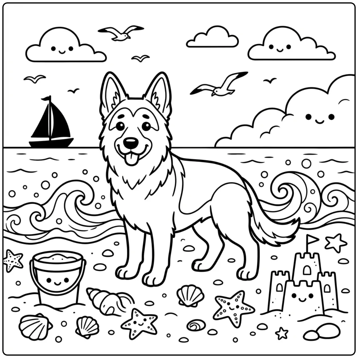 German Shepherd coloring page on a beach with a sailboat.