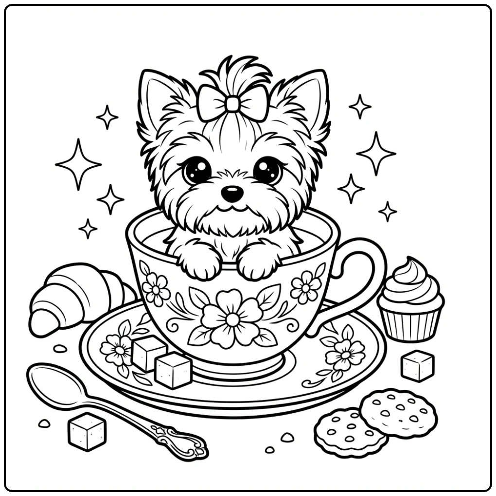 Adorable Teacup Yorkie coloring page featuring a pup in a cup.