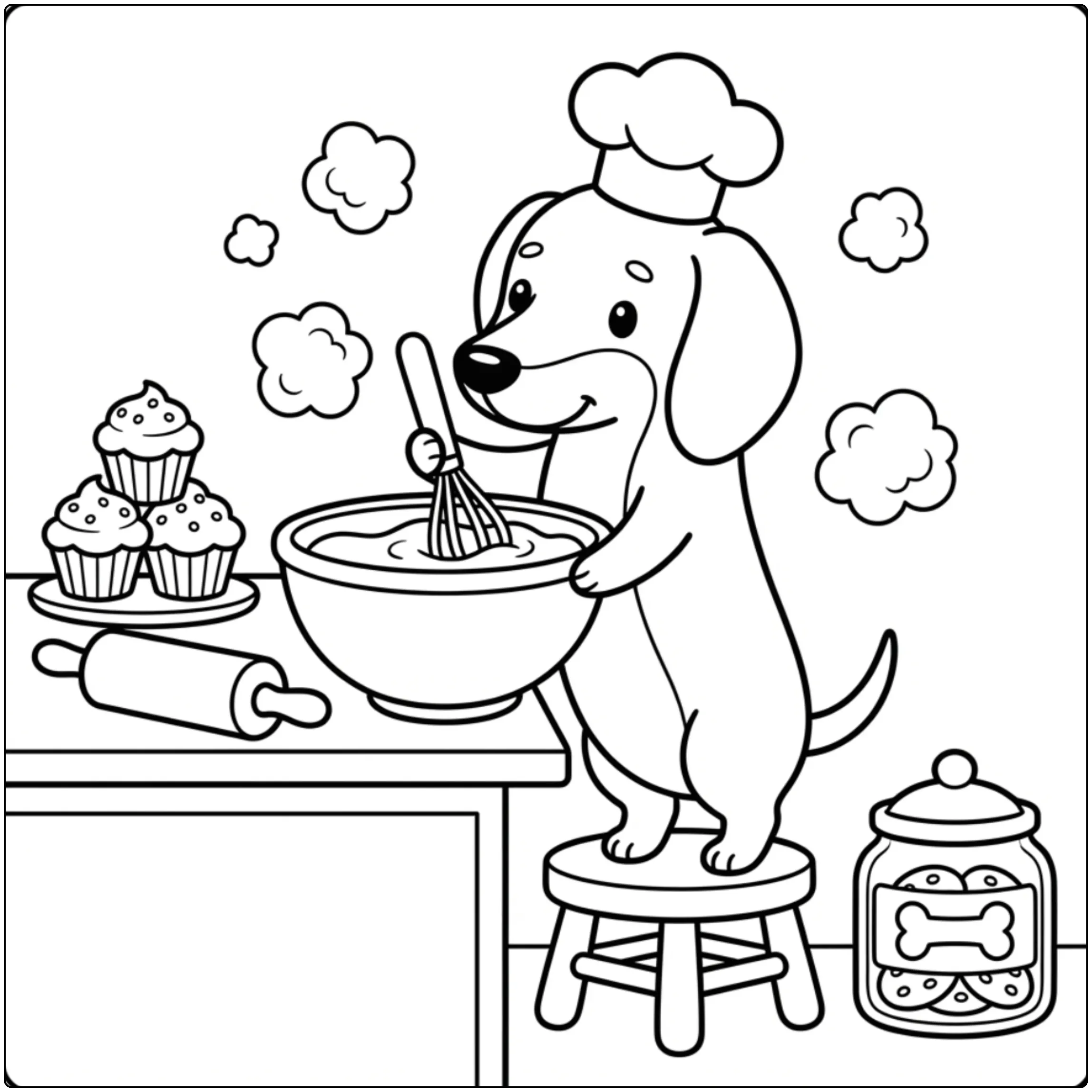 Baking scene Dachshund coloring page with cupcakes.