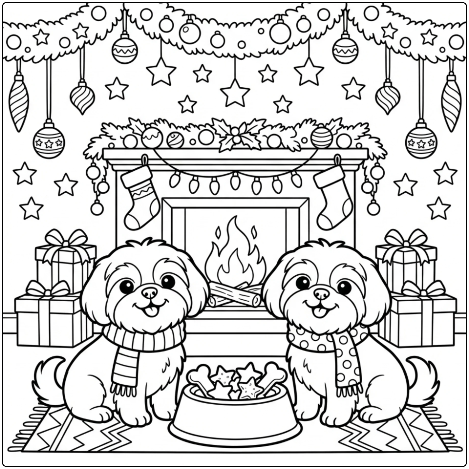 Cozy Christmas Shih Tzu coloring page with two dogs by a fire.