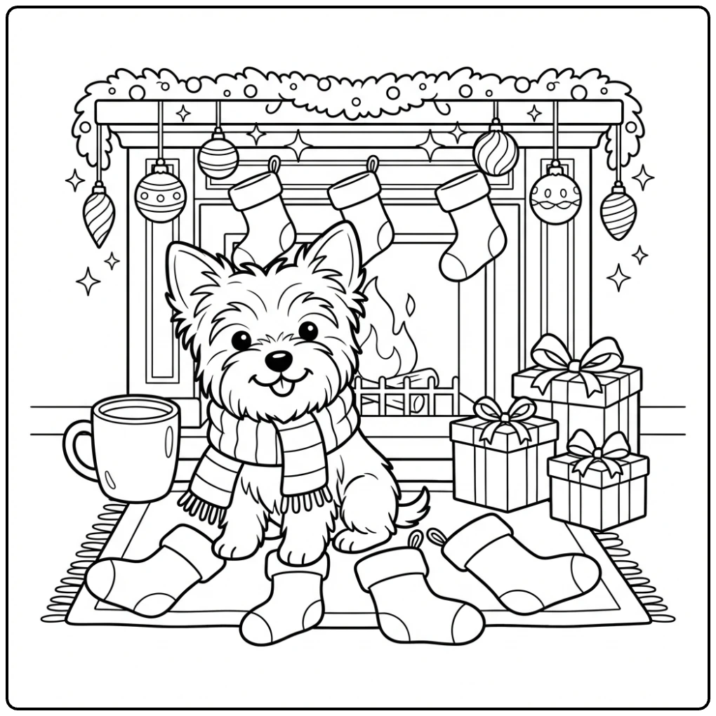 Cozy Christmas Yorkie coloring page sitting on a rug.