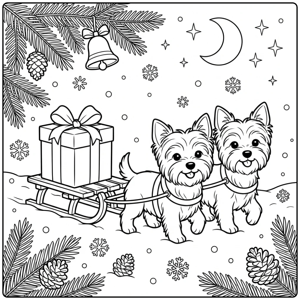 Printable Christmas Yorkie coloring page scene.