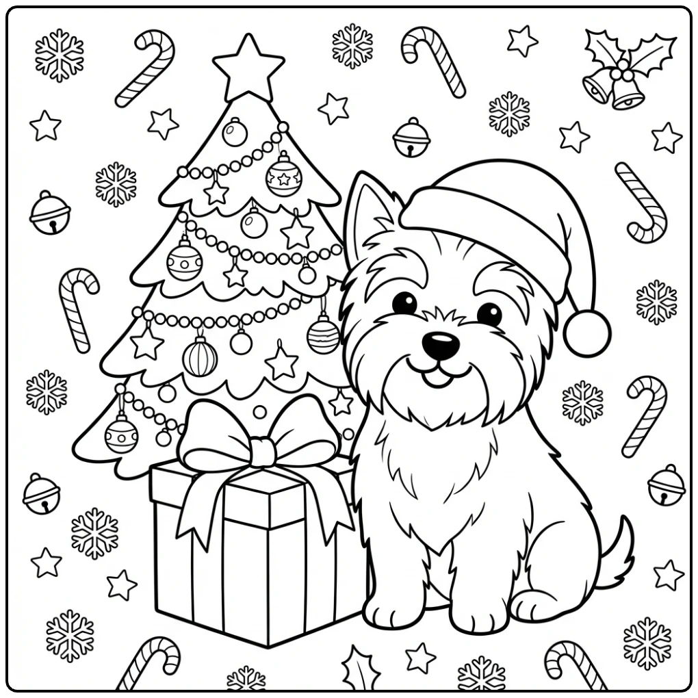 A fun Christmas Yorkie coloring page with Santa hat and tree.