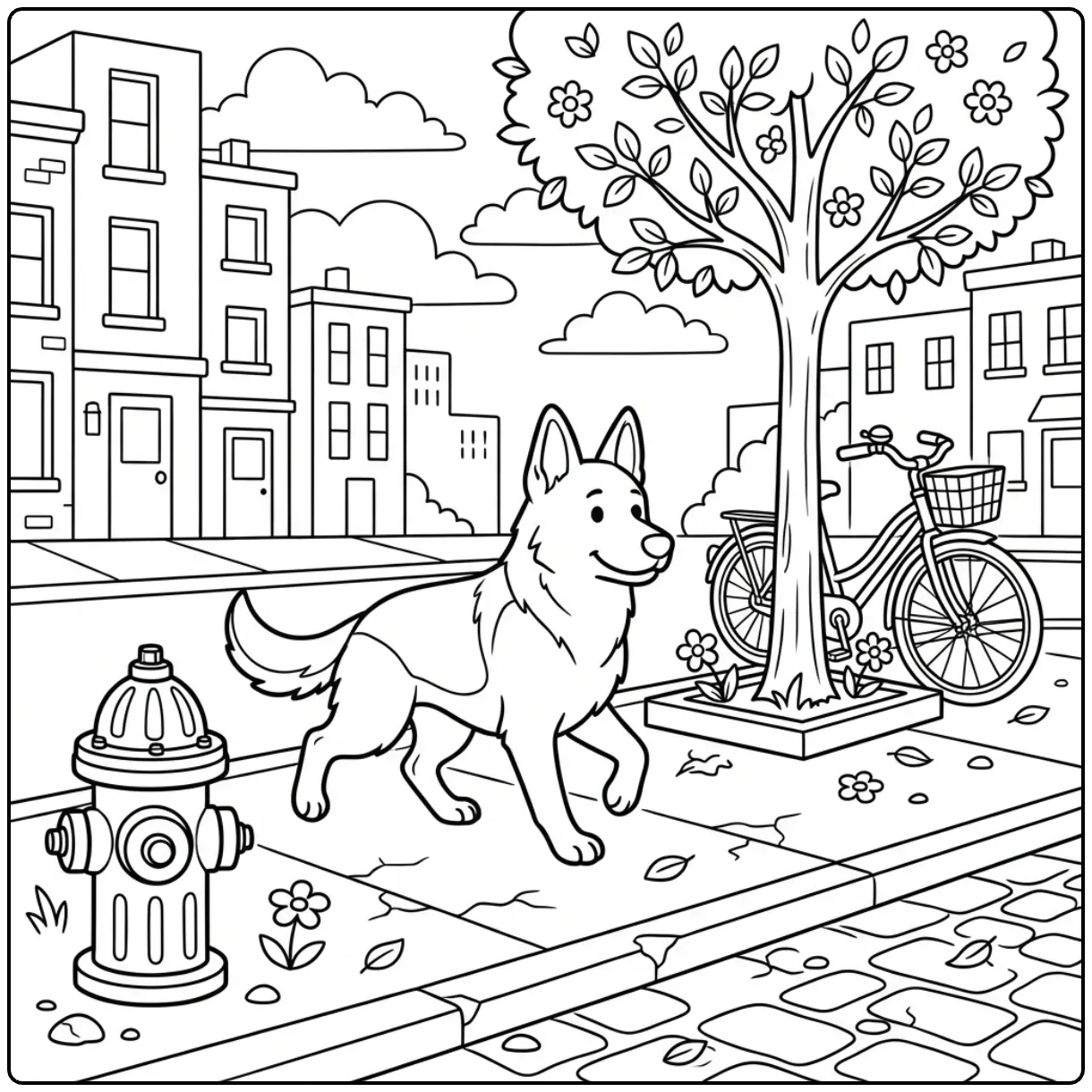 Printable German Shepherd coloring page on a city walk.