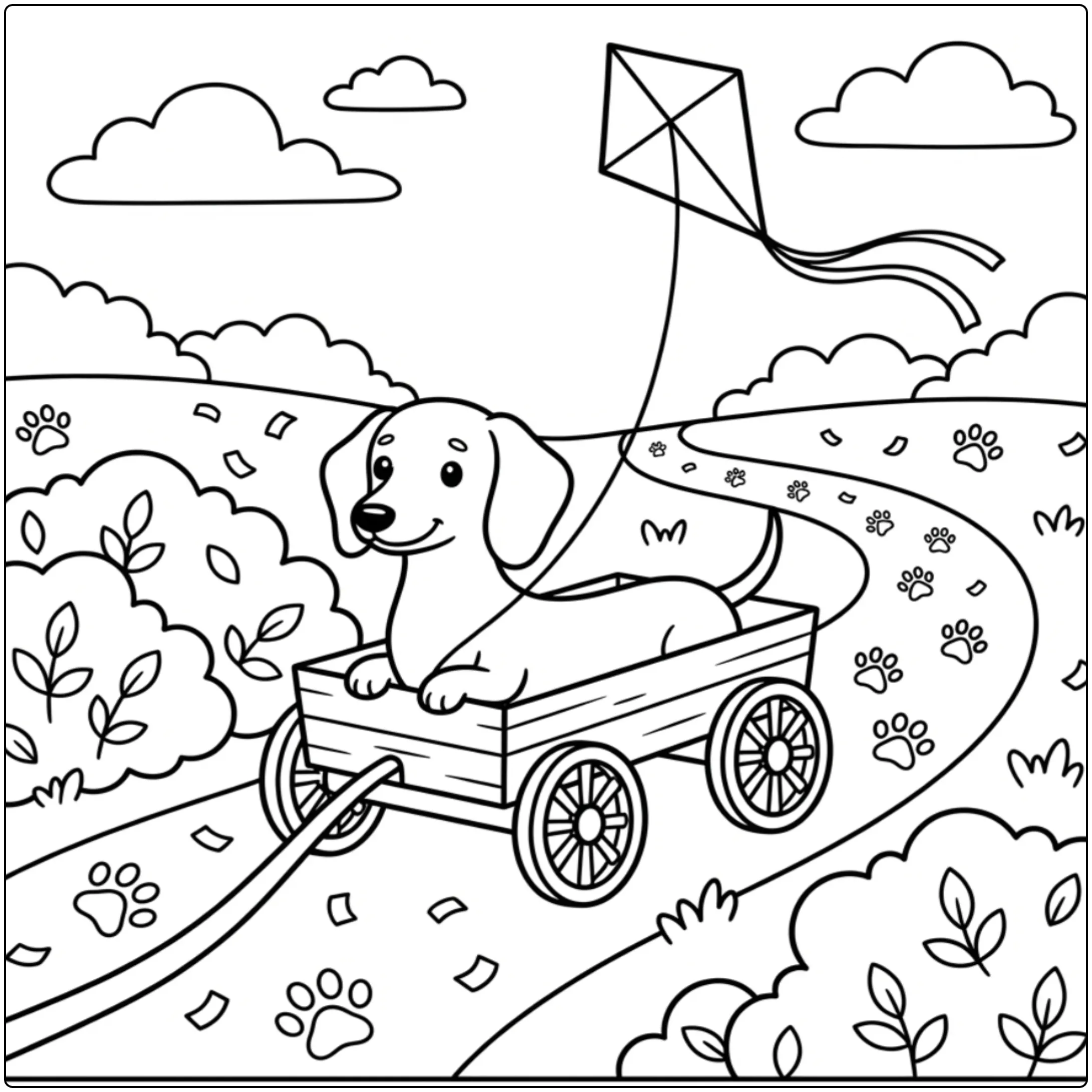 Fun Dachshund coloring page of a puppy riding in a wagon.