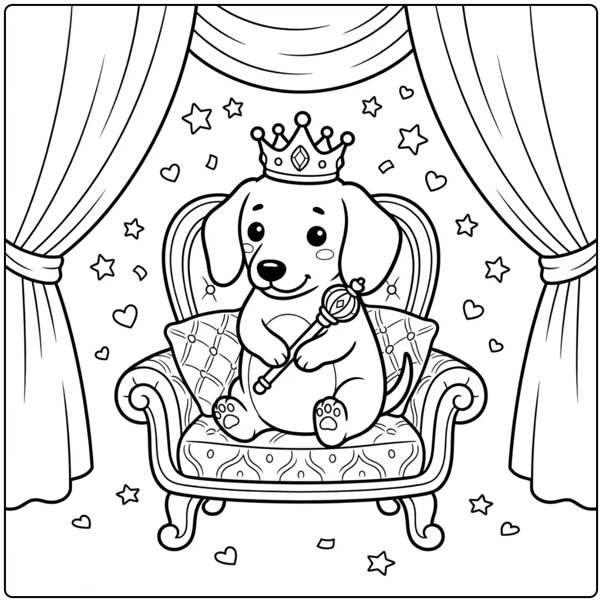 Printable Cute Dachshund coloring page of a royal puppy.