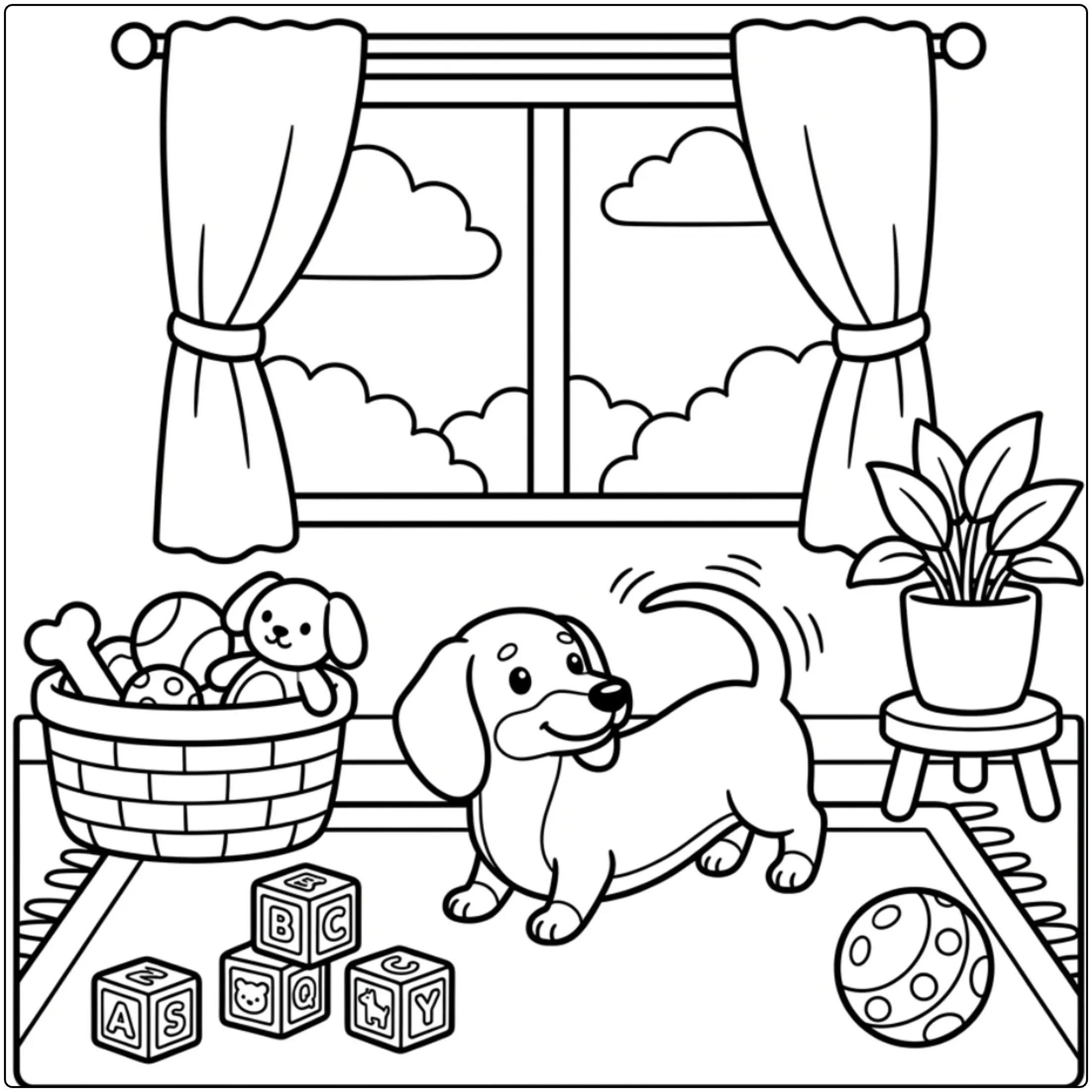 Playful Dachshund Puppy coloring page chasing tail by toys.