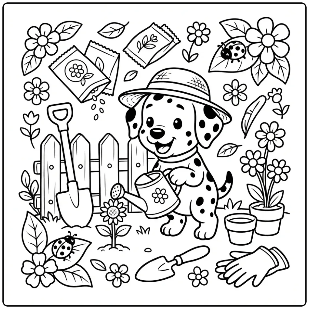 Dalmatian coloring page with a puppy watering a sunflower.