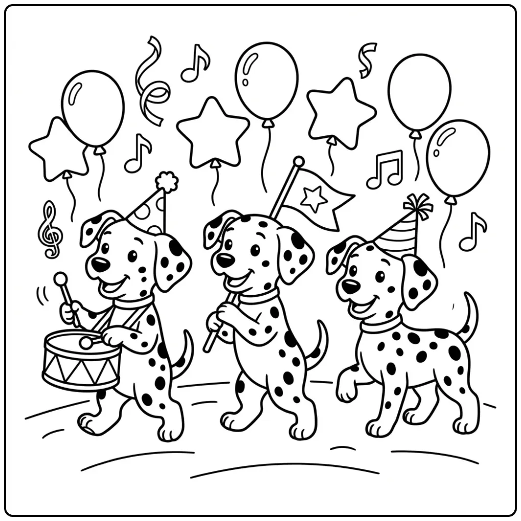 Dalmatian coloring page with puppies in a cheerful parade.