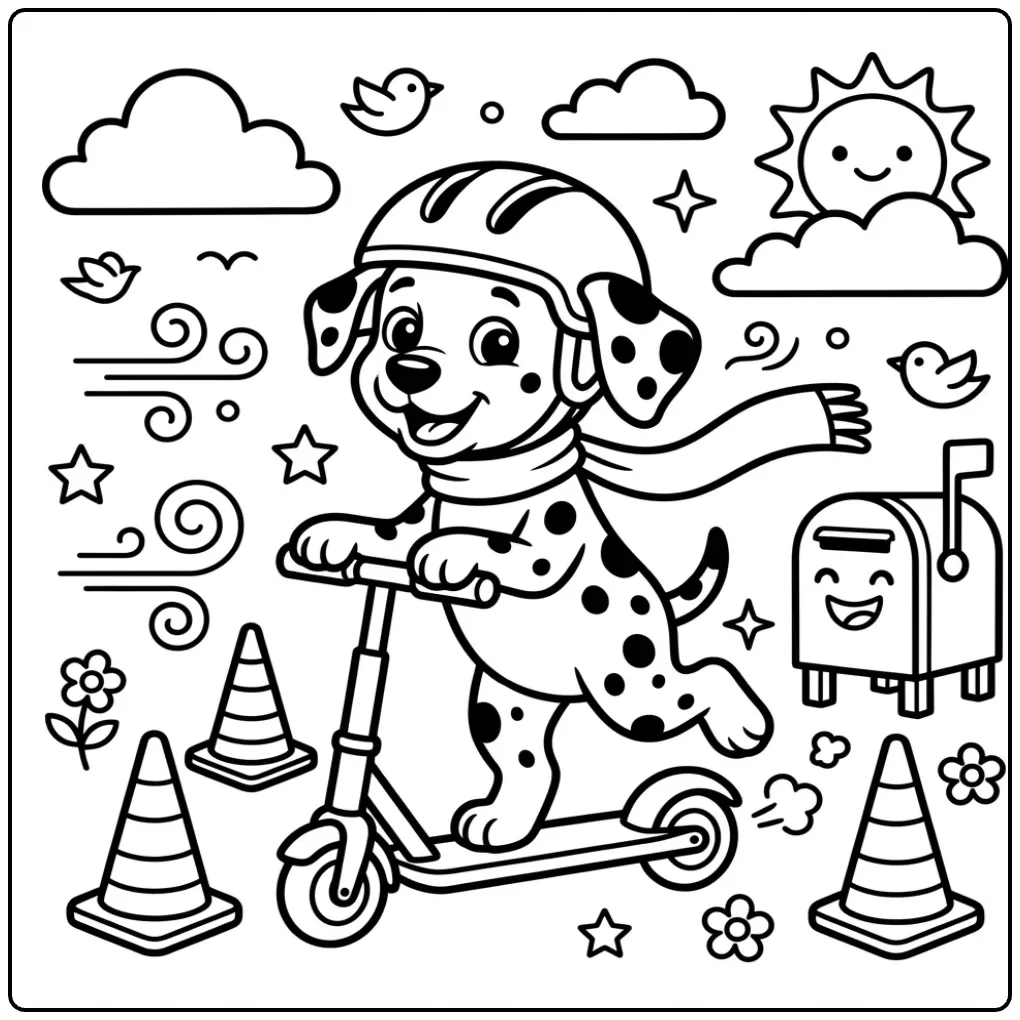 Fun Dalmatian coloring page of a puppy riding a scooter.