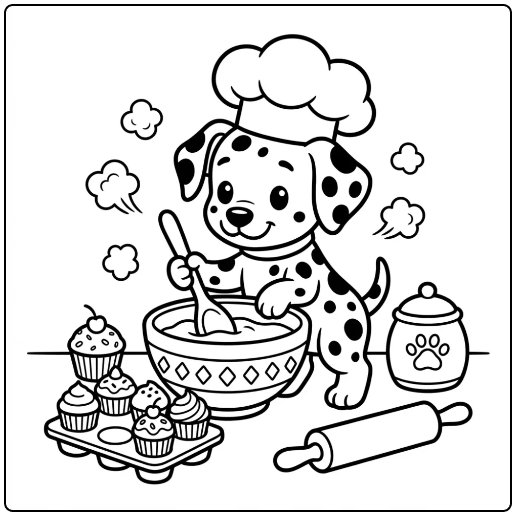 Dalmatian coloring page of a pup chef stirring a bowl.