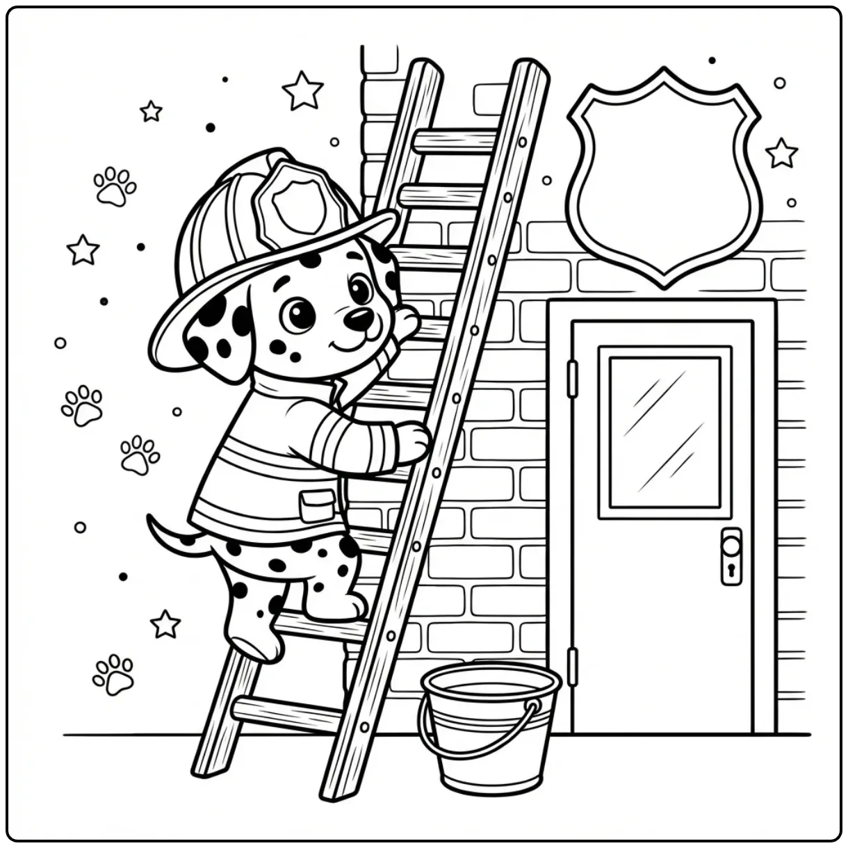 Printable Dalmatian fire dog coloring page with cute puppy.